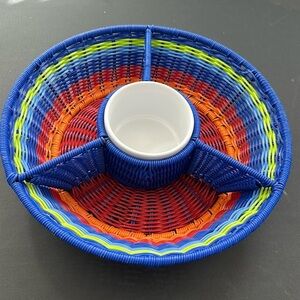 Outdoor Chip and Dip Set Woven Rainbow Coated Multicolor Basket White Ceramic
